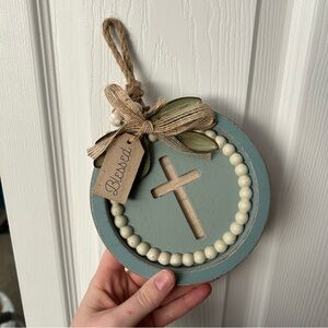 Rustic Blue and Cream Hanging Cross Decor
